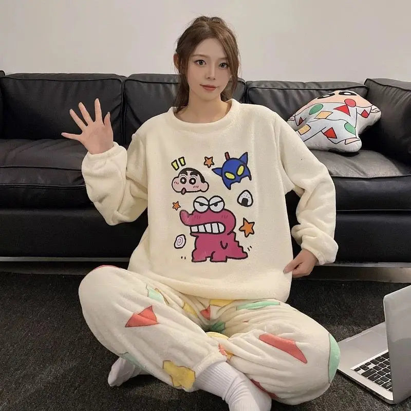 Kawaii Crayon Shin-Chan Couple Pajamas Set New Men's/women's Fashion Casual Pajama Plush Coral Fleece Winter Cartoon Homeclothes