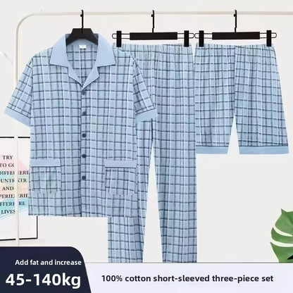 3/pce Set Men Fashion Casual Spring Autumn Loungewear Male Short Sleeves Pants Shorts Pajama Set Man Loose Collared Plaid Pajama
