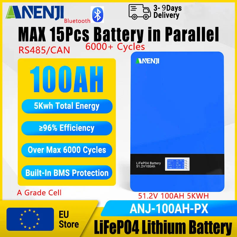 ANENJI LiFePO4 Batteripack 48V/51,2V – 5kWh (100Ah) eller 15kWh (300Ah), Bluetooth+CAN/RS485, ≥96%, >6000 Cykler, Upp till 15 Parallella, EU-lager (Polen)