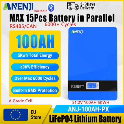 ANENJI LiFePO4 Batteripack 48V/51,2V – 5kWh (100Ah) eller 15kWh (300Ah), Bluetooth+CAN/RS485, ≥96%, >6000 Cykler, Upp till 15 Parallella, EU-lager (Polen)