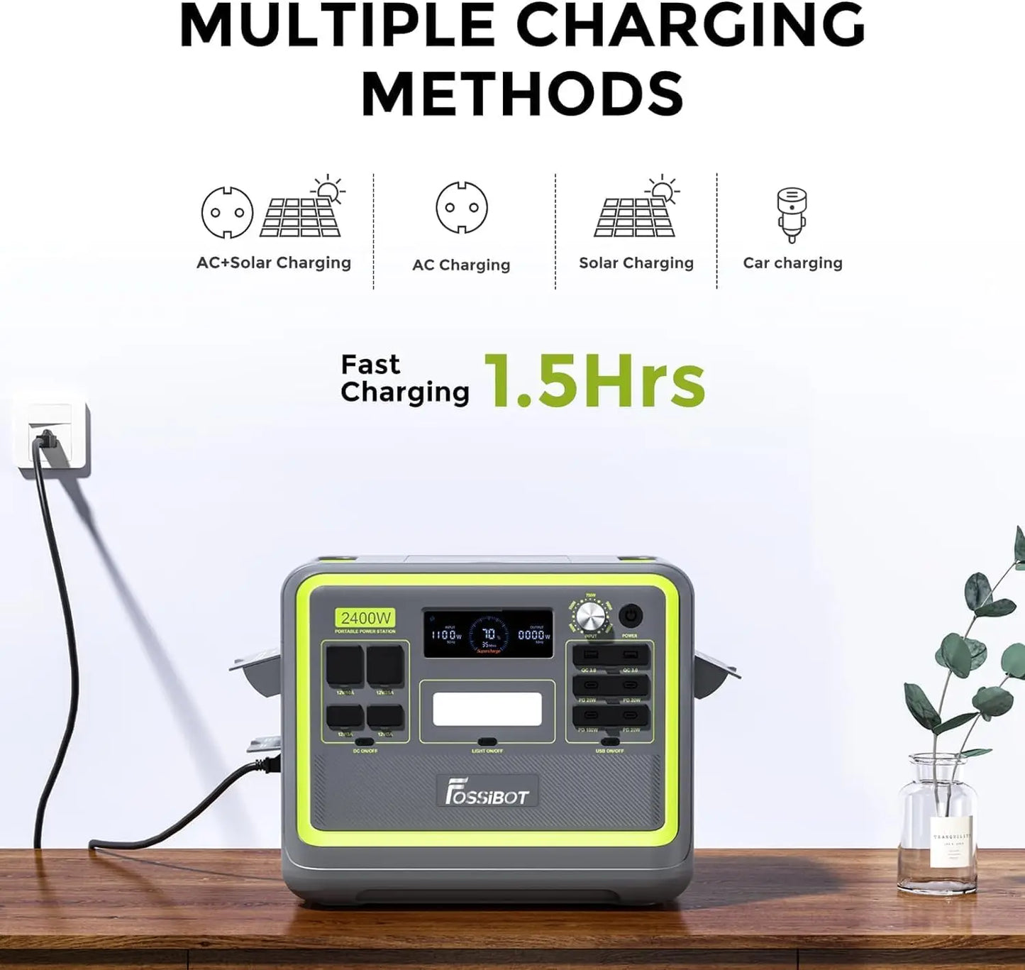 FOSSiBOT F2400 Portabel Power Station – 2048Wh, 2400W (4600W Peak), LiFePO4, 3×230V AC, App-styrning, EU-lager