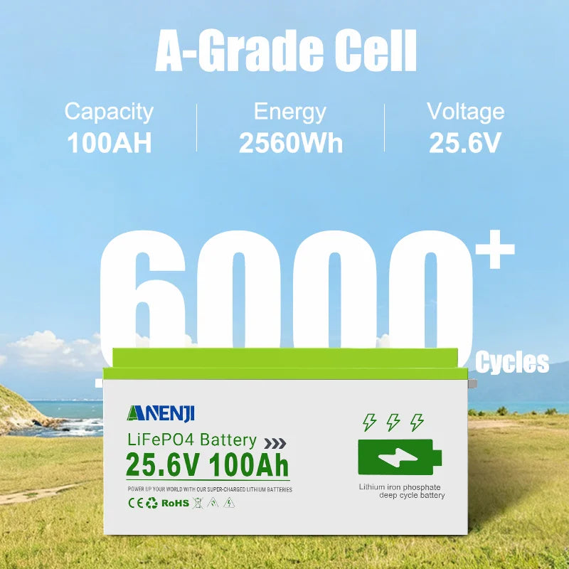 ANENJI LiFePO4 Batteri 25,6V 100Ah – Bluetooth-övervakning, Smart BMS, Grade A-celler, >6000 Cykler, Husbil/Båt/Sol/Off-Grid, EU-lager (Polen)