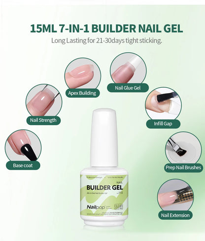Nailpop Builder Nail Gel 4 Colors Base Coat Strengthener Thickening Extension Rhinestone Glue Gel Polish Brush in Bottle 15ml