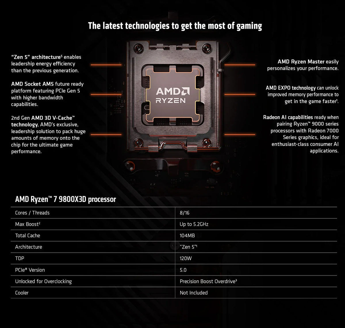 AMD Ryzen 7 9800X3D Processor 8-Core 16-Thread AM5 Desktop CPU 3D V-Cache Gaming Processor Tray No Box
