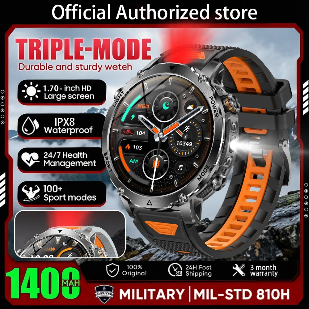 New 1400 mAh Battery Military Smartwatch Men IP68 Waterproof Flashlight Health Monitor Sports Call Smart Watch For iOS Android