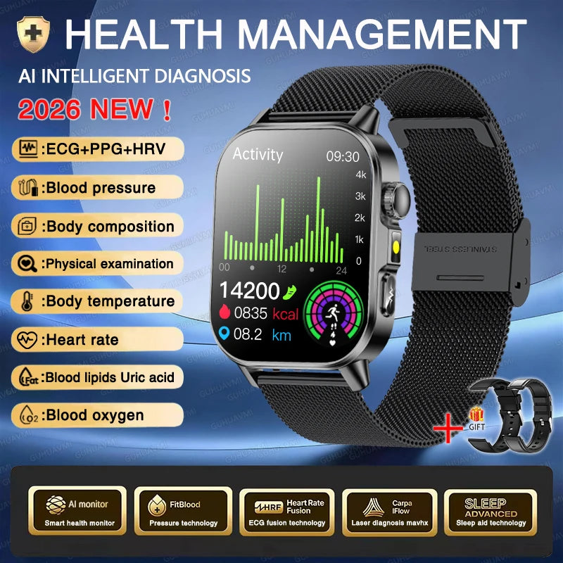 2026 ECG+PPG Daily Health Smart Watch Men Blood Fat Uric Acid Heart Rate Blood Oxygen Bluetooth Call Wellness Tracker Smartwatch