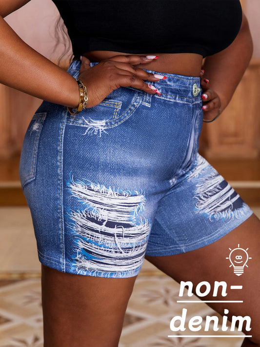 Jeansimiterade Shorts Stor Storlek – Tryckt 3D-Jeanseffekt Slim Fit Hög Stretch Casual Sommar Dam, 0XL–4XL