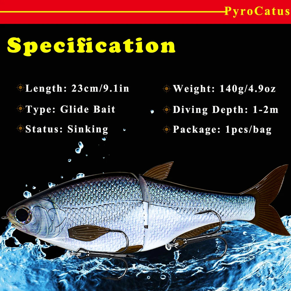 PyroCatus Big Game Glide Shad Baits 23cm/140g Sinking Hard Body Baits Soft Tail Fishing Lures Jointed Swimbait Tackle