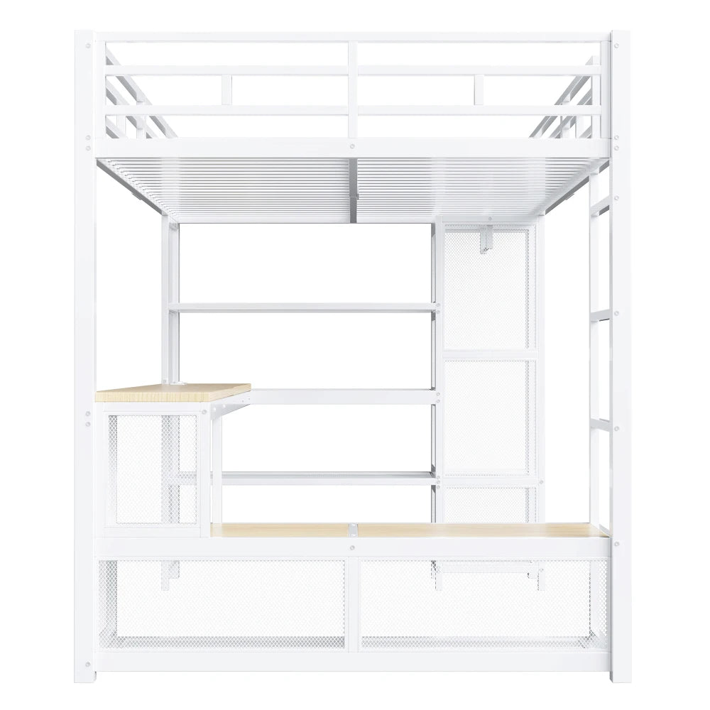 140x200cm Metal High Bed with Storage and Open Wardrobe, Kids Bedroom Bed with USB Connector and LED Lighting, Black/white