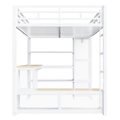 140x200cm Metal High Bed with Storage and Open Wardrobe, Kids Bedroom Bed with USB Connector and LED Lighting, Black/white