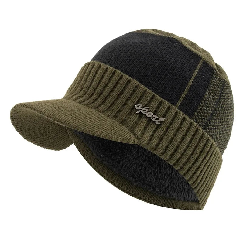 Hot Sale Unisex Warm Winter Hat With Brim Plush Fur Lined Knit Cap Sports Label Thicken Winter Hats For Men