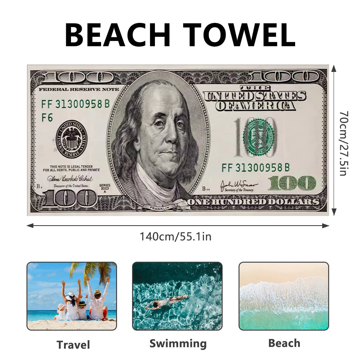 70x140cm European and American Dollar Beach Towels, Digital Printed Large Towels, Bath Towels, Ultra-Fine Fiber Absorbent Towels