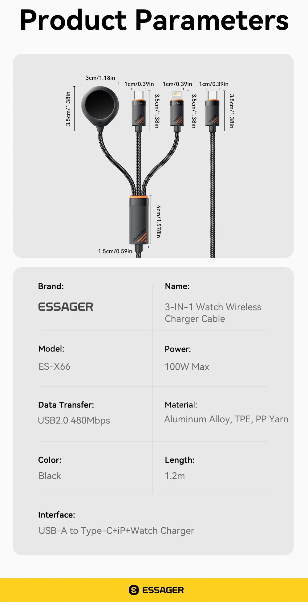 3-i-1 laddkabel för USB-C, Lightning och Apple Watch – 1,2 m