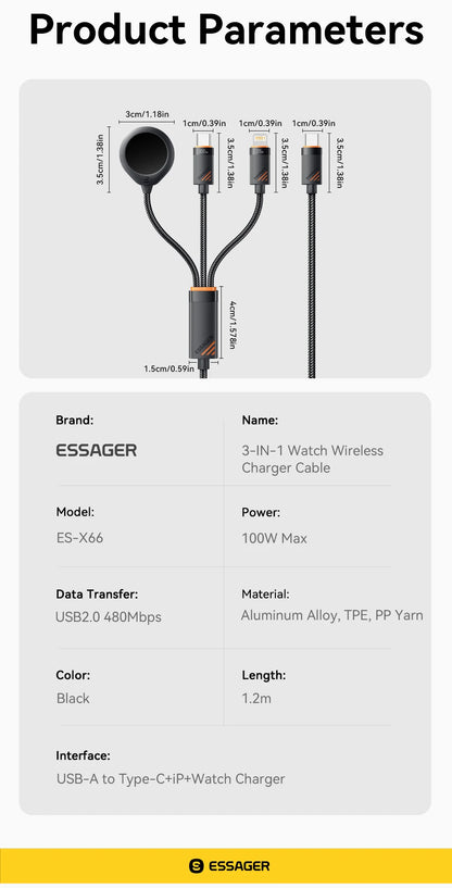 3-i-1 laddkabel för USB-C, Lightning och Apple Watch – 1,2 m