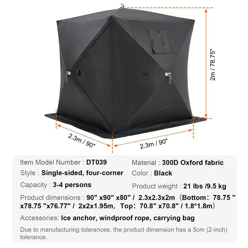 Ice Fishing Shelter, 2.3 X 2.3 X 2 M, Portable Pop-Up Fishing Tent for 3-4 Persons, Waterproof 300D Oxford Fabric, with Anchors, Ropes, Carry Bag, for Winter Fishing, Black