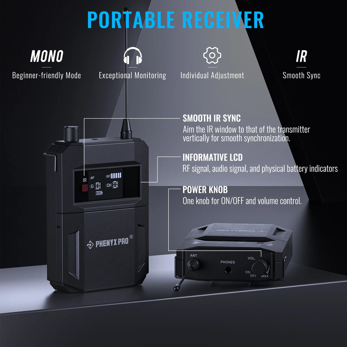 Phenyx Pro PTM-33 trådlöst mono in-ear-system med 4 mottagare