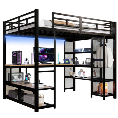 140x200cm Metal High Bed with Storage and Open Wardrobe, Kids Bedroom Bed with USB Connector and LED Lighting, Black/white