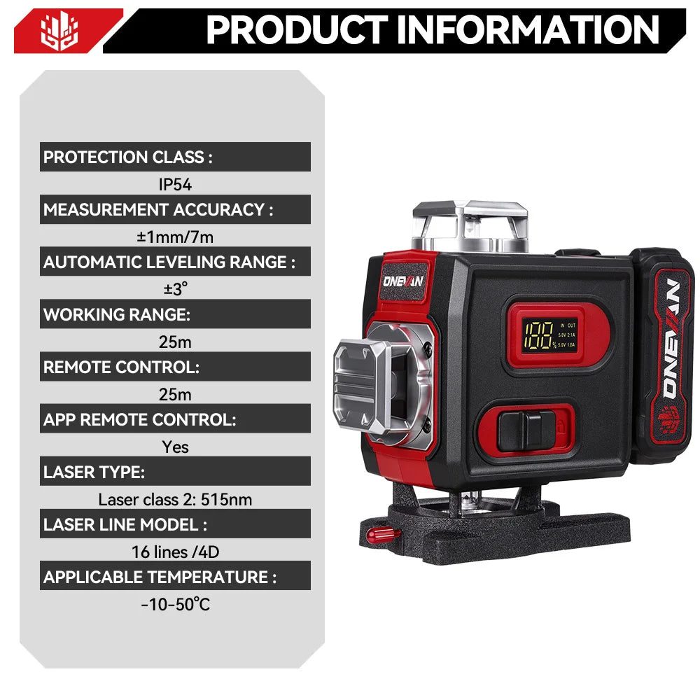 ONEVAN 4D 16 Lines Leveling Laser Levels Portable Rechargeable Professional Horizontal And Vertical Level With Tripod Power Tool