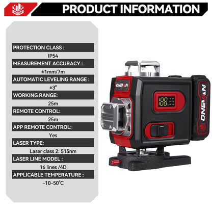 ONEVAN 4D 16 Lines Leveling Laser Levels Portable Rechargeable Professional Horizontal And Vertical Level With Tripod Power Tool