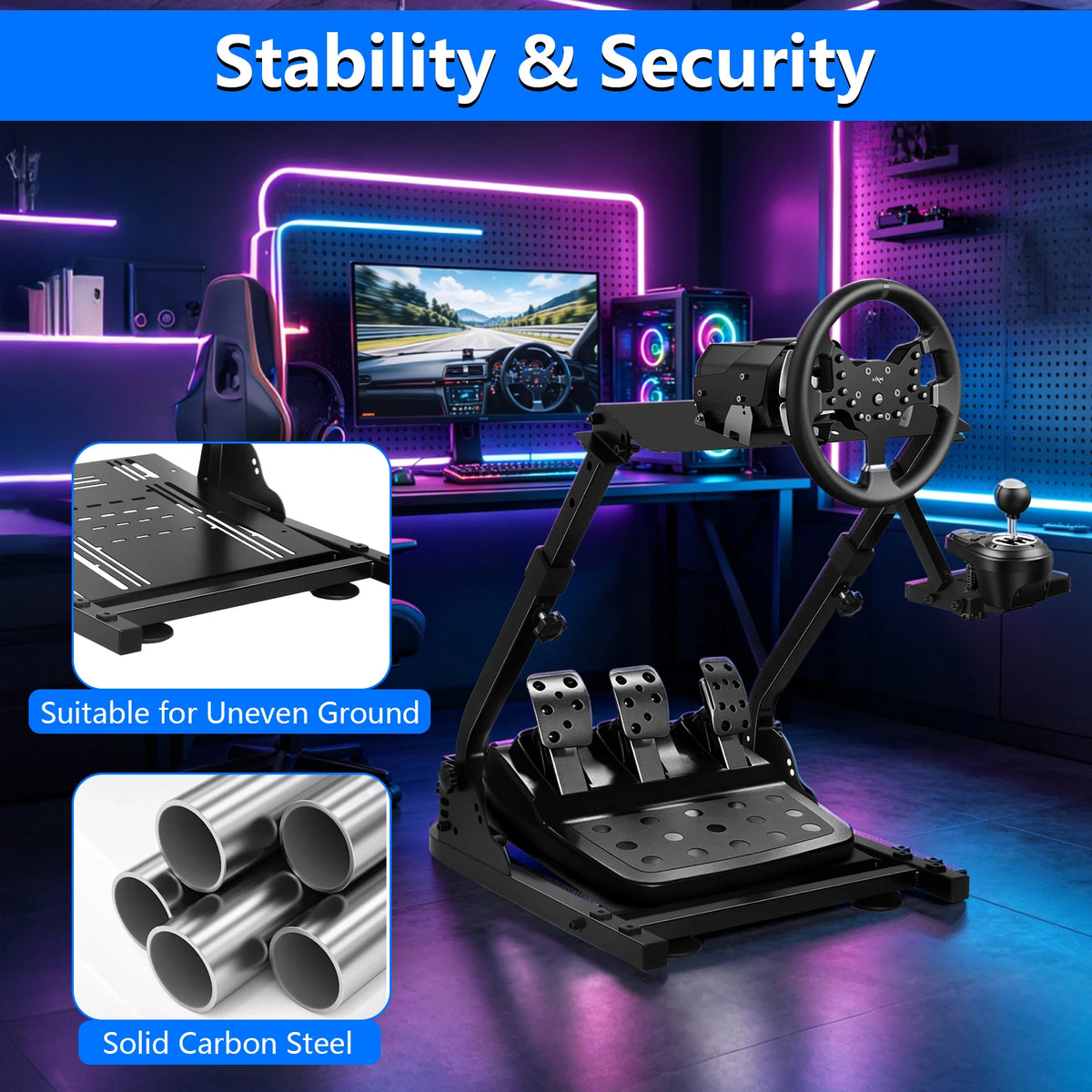 Foldable Racing Steering Wheel Stand Adjustable Universal Steering Wheel Mount Carbon Steel Racing Simulator Stand Anti-slip Feet for Gaming Racing Enthusiasts