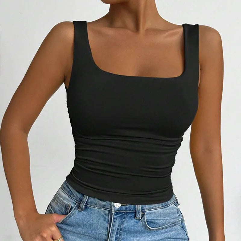 Women Square Neck Tank Top Summer Sleeveless Sexy Slim Fit Y2K Crop Top Female Black White Casual Basic Tight T-Shirt