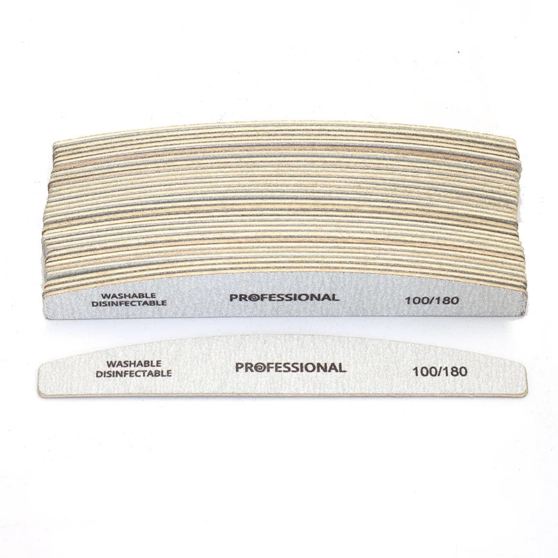 2/6/8/12/20pcs Professional Nail File Grey Half Moon Wooden Nail Files 100/180 Grit Double-Sided Sanding Washable Manicure Tools