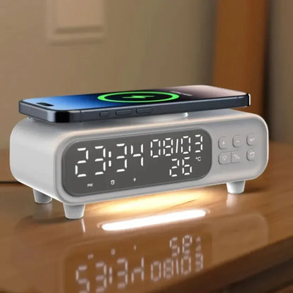 VIKEFON 15W Trådlös Laddare med Väckarklocka Nattljus & Termometer – Qi USB-C iPhone Android Hörlurar Snabbladdning CE RoHS