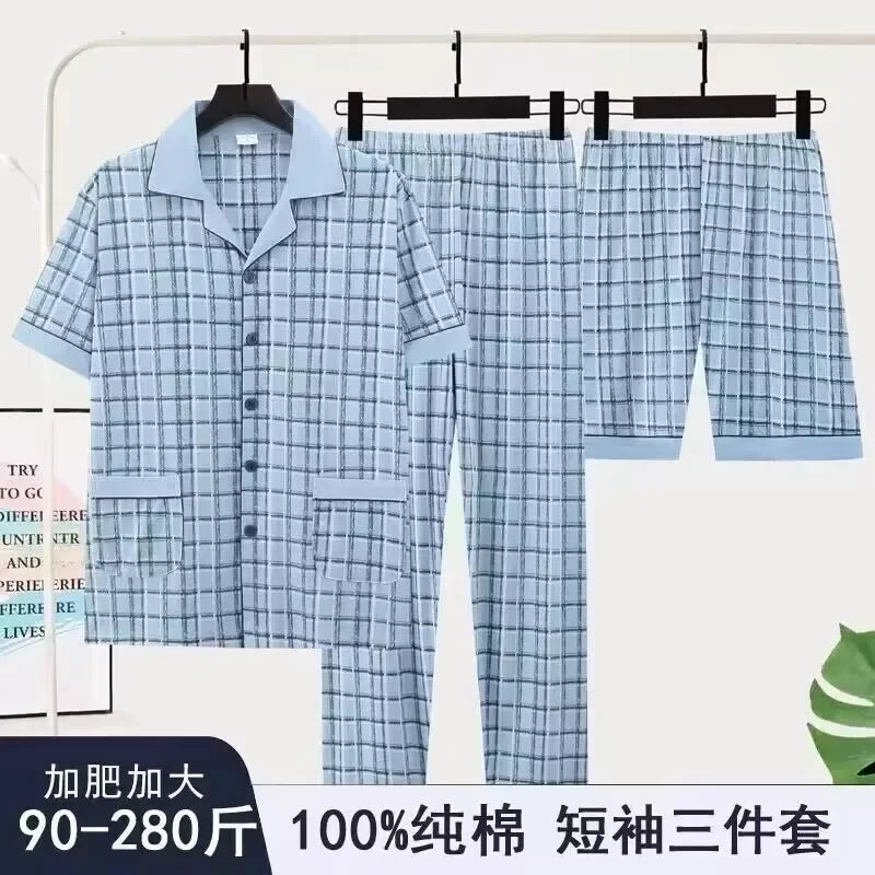 3/pce Set Men Fashion Casual Spring Autumn Loungewear Male Short Sleeves Pants Shorts Pajama Set Man Loose Collared Plaid Pajama