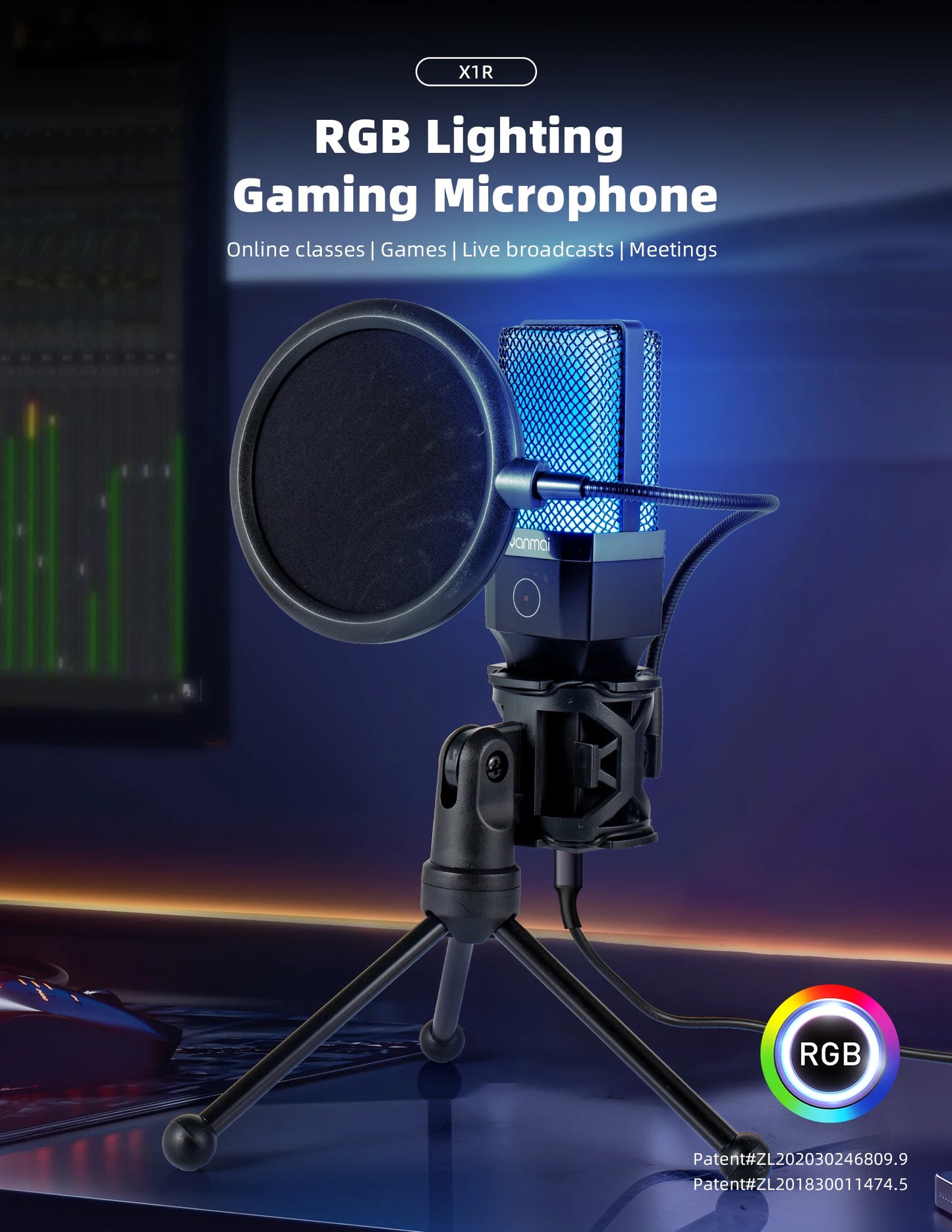 Gaming Microphone Professional Condenser Mic PC Laptop Computer Mike RGB USB Wired Studio Streaming Podcast Gamer Karaoke PC Kit