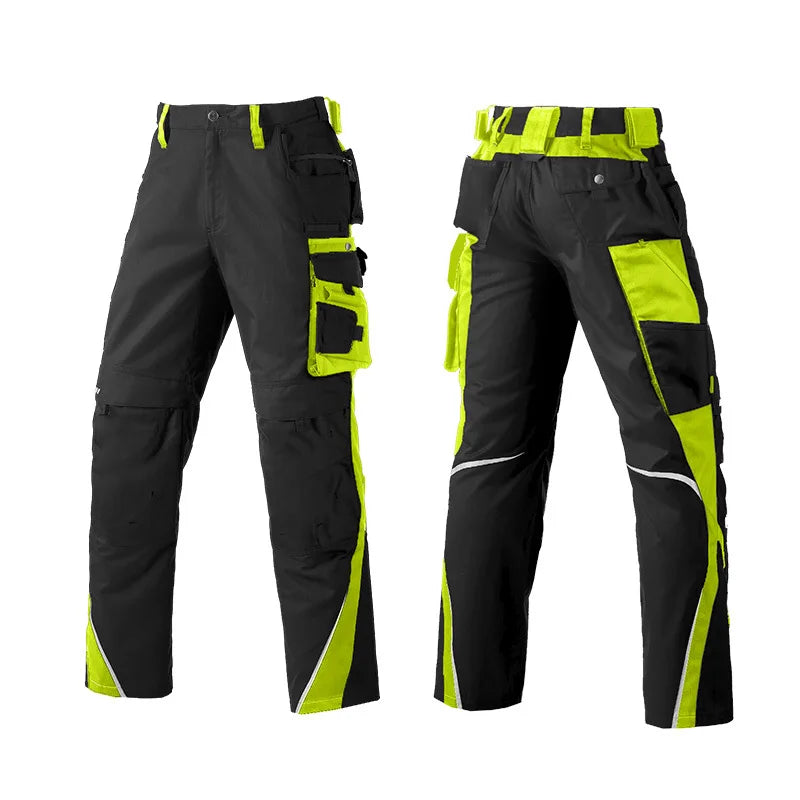 Men's Work Pants with Multi Pockets Two Tone Construction Pants with Reflective Stripes Cargo Pants Zipper Front Work Wear Pants