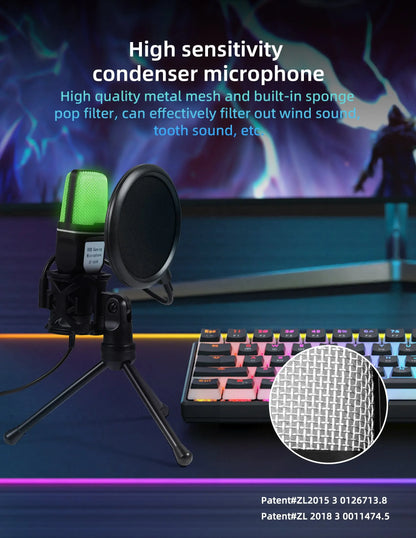 Gaming Computer Professional Condenser Microphone Mic PC Laptop USB Wired Live Streaming Podcast Studio Mike Kit Gamer Karaoke