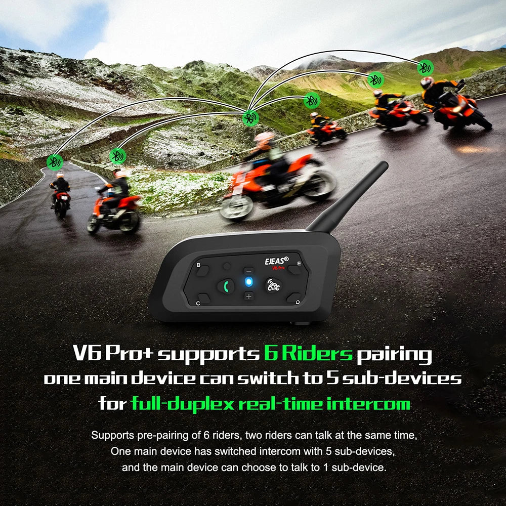 EJEAS V6 Pro+ MC-hjälmintercom – Bluetooth 5.1, 800m, IP67, 6 Ryttare