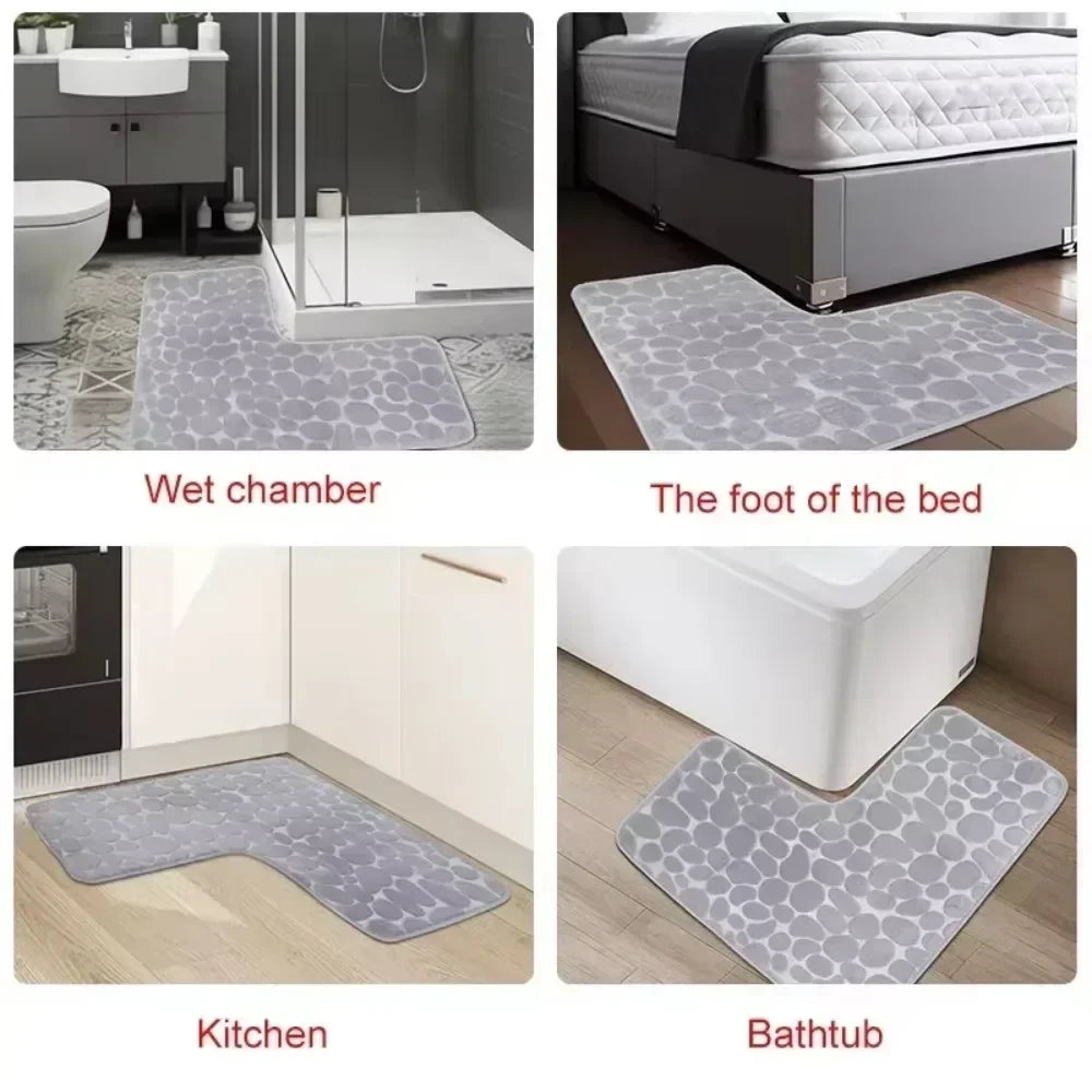 80x80cm New L-shaped Bath Mat Cobblestone Memory Foam Super Absorbent Non-Slip Corner Mat for Bathroom Shower Toilet Home Decor