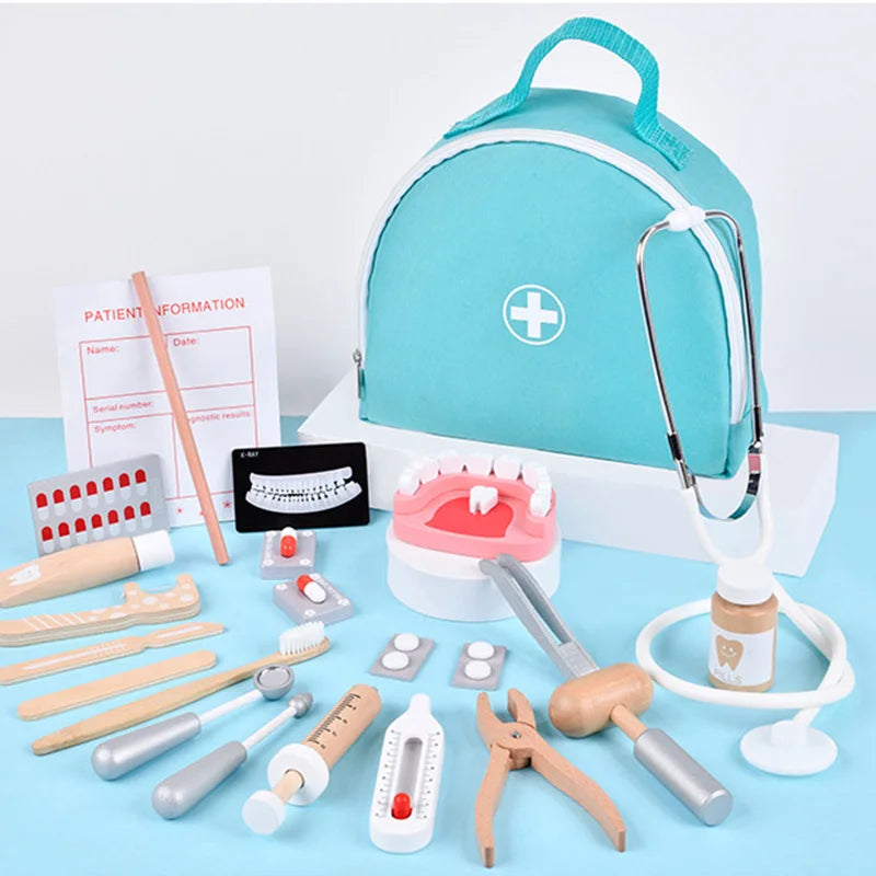 Lekläkare leksaker trä simulation tandläkare undersökning borsta tänder medicin set rollspel pedagogiska leksaker för barn