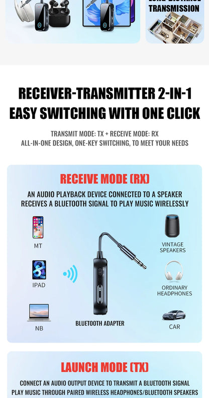 Bluetooth 6.0 AUX Audio Transmitter Receiver 2 IN 1 Wireless Adapter 3.5MM With Mic HiFi Stereo Music For Car TV PC Airplane