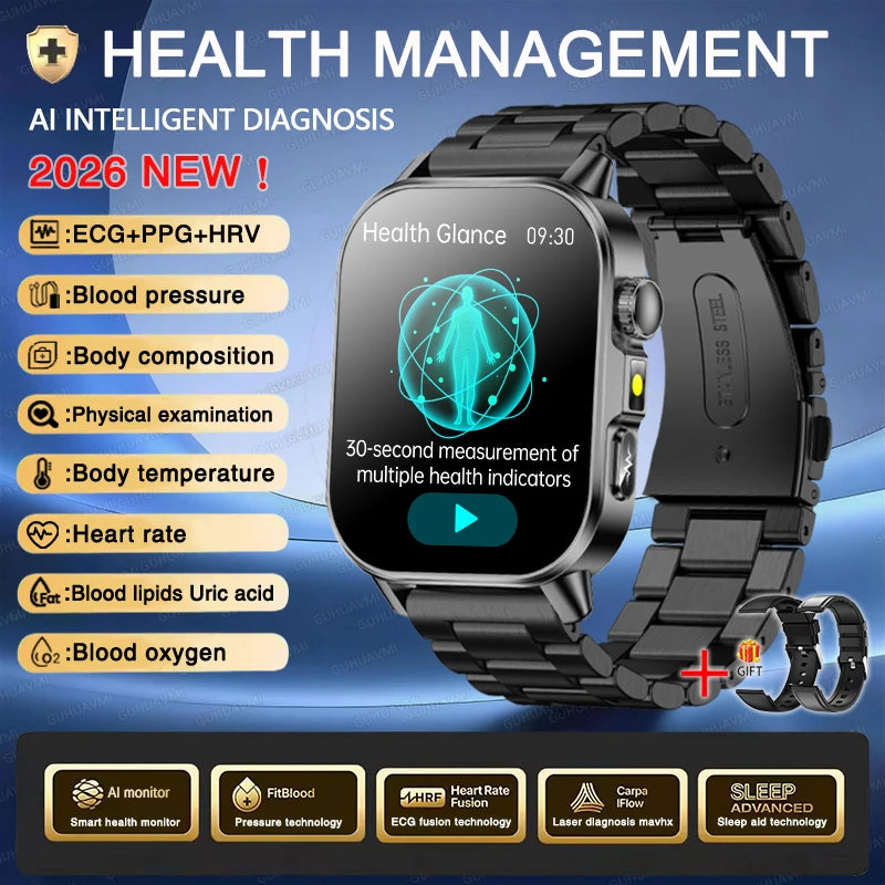2026 ECG+PPG Daily Health Smart Watch Men Blood Fat Uric Acid Heart Rate Blood Oxygen Bluetooth Call Wellness Tracker Smartwatch