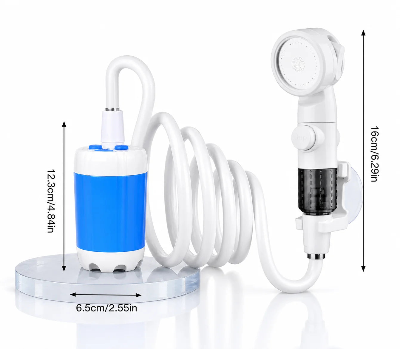 Portabel Campingdusch – Elektrisk Pump 4000mAh, Digital Display, Slang & Krok, Blå