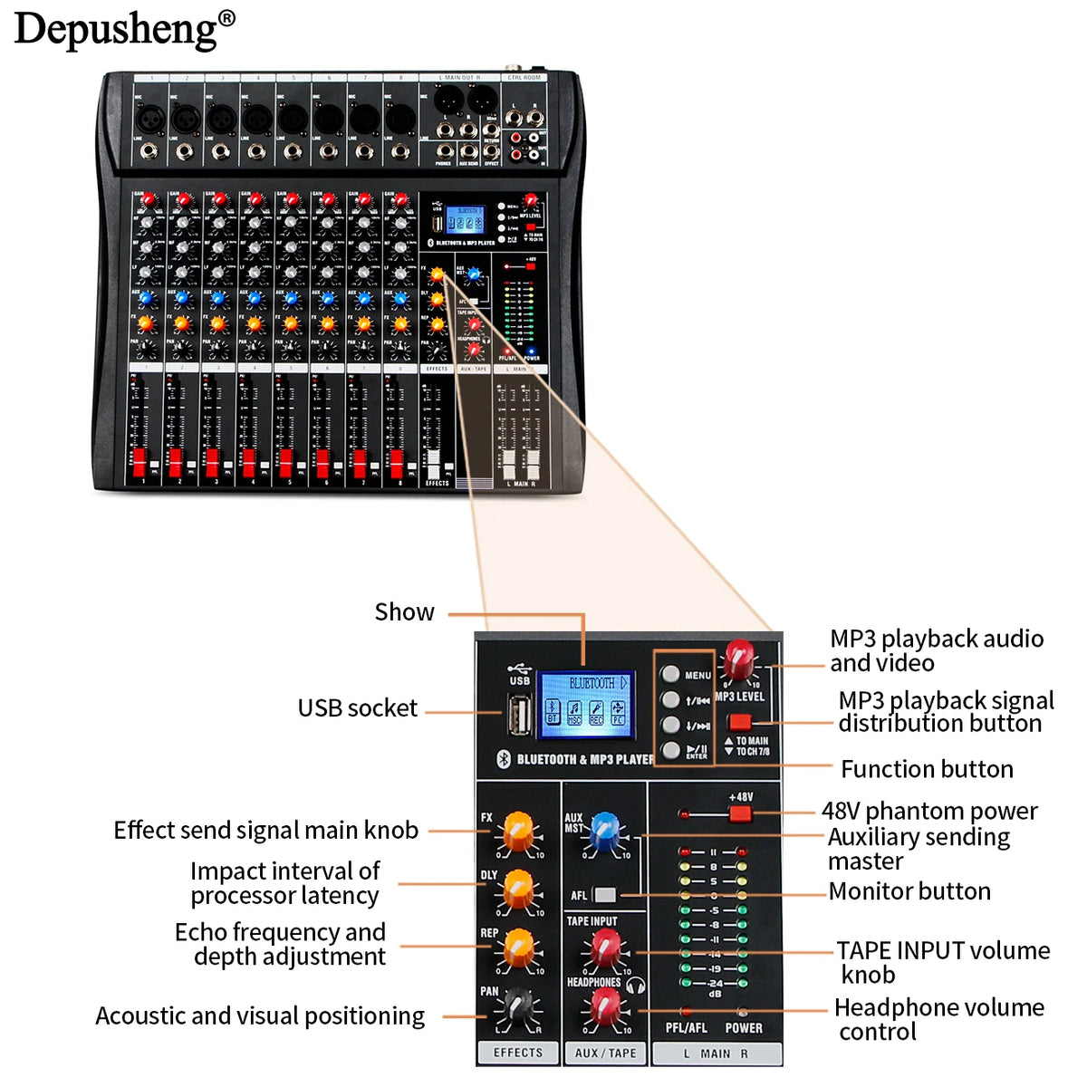 Depusheng DX8 8-kanals ljudmixer med Bluetooth och DSP-effekter