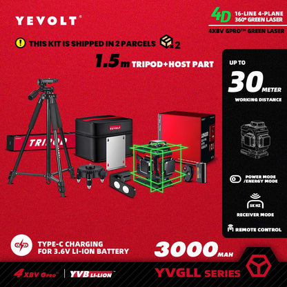 YEVOLT YVGLL4XS16 Grön Lasernivå 4D – 4 Plan, 16 Linjer, 3Ah/5,2Ah Batteri, Självnivellerande