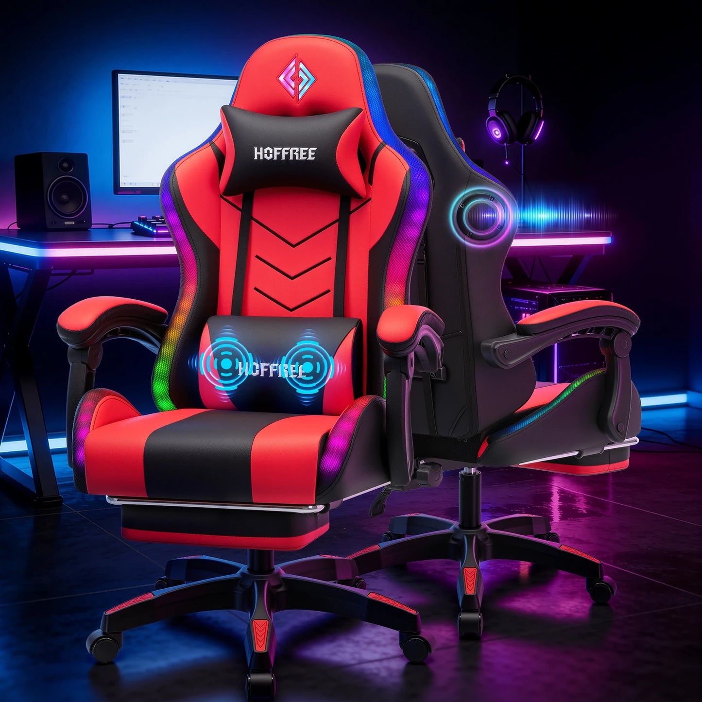 300lbs Gaming Chair with Music Rhythm RGB LED Lights and Wireless Speakers Ergonomic Massage Computer Gaming Chair with Footrest