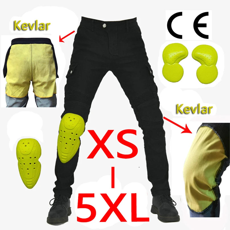 Kevlar MC-byxor med knä- och höftskydd, storlek XXS–5XL