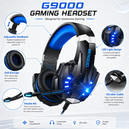 Gaming Headset G9000 Over-Ear – 3,5mm + USB LED-belysning Mikrofon Aktiv Brusreducering Stereo PC PS5 Blå Röd Vit Svart