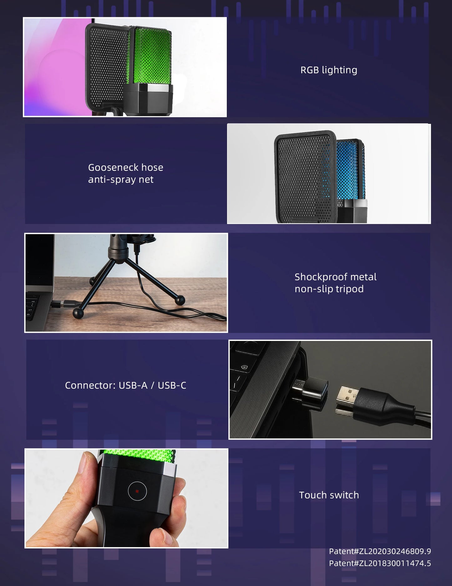 Gaming Microphone Professional Condenser Mic PC Laptop Computer Mike RGB USB Wired Studio Streaming Podcast Gamer Karaoke PC Kit