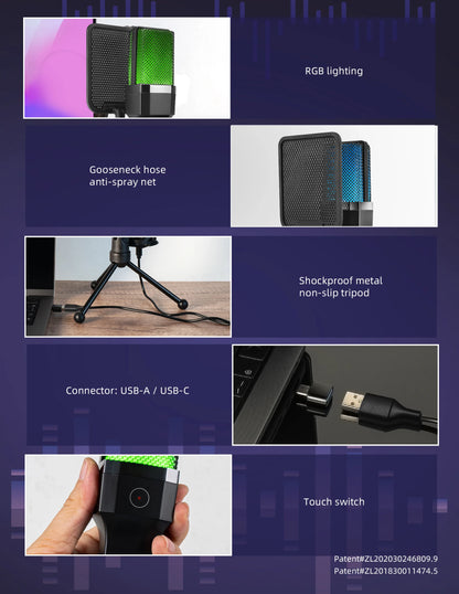 Gaming Computer Professional Condenser Microphone Mic PC Laptop USB Wired Live Streaming Podcast Studio Mike Kit Gamer Karaoke