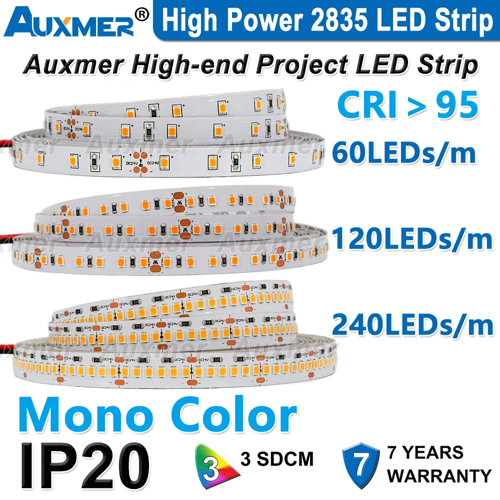 High Power 2835 LED Strip Lights,Mono Color,120LEDs/m 240LEDs/m,CRI＞95/90,3SDCM,Super Bright Flex LED DC12/24V,5m/reel,IP20