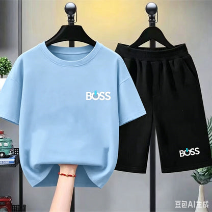 Child T-shirt Summer Short Sleeve Print Children Age 3-12 Girls boy Set white black Tshirt+Shorts 2pcs leisure fashion Kids Set
