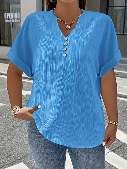 Dam Plus Size Krinklad Blus – Kortarm Knappdetalj Avslappnad Casual Året Runt, 10 Färger 1XL–5XL