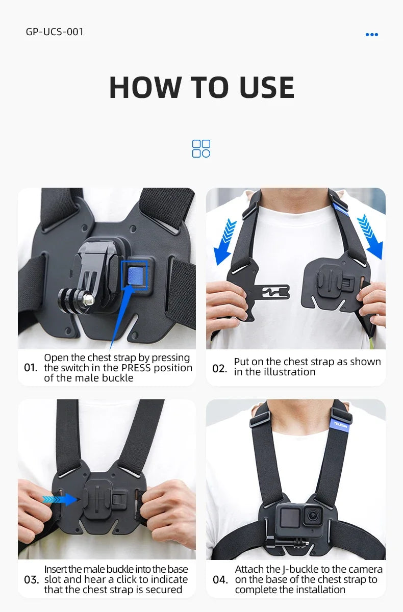 TELESIN Quick-Release Chest Strap Mount for GoPro Hero 13 12 11 10 9 8 7 Insta360 SJCAM DJI OSMO Action 5 4 3 Chest Belt Mount
