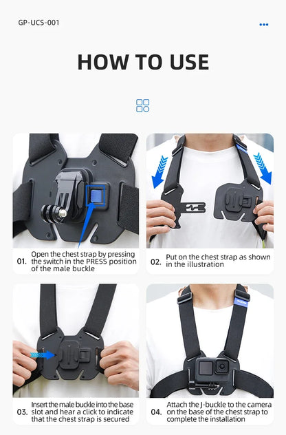 TELESIN Quick-Release Chest Strap Mount for GoPro Hero 13 12 11 10 9 8 7 Insta360 SJCAM DJI OSMO Action 5 4 3 Chest Belt Mount