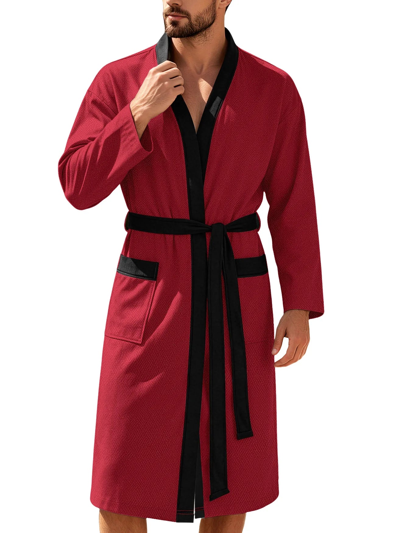 Men's Twill Fabric Long Bathrobe with Belt Design, Double Pockets, Casual Home Pajamas, Loose Fit, Hotel Resort Style, Nightwear